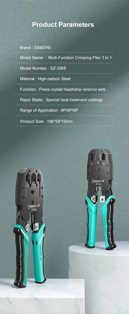 SAMZHE RJ45 Crimp Plier Pass Through Crimper Stripper Cutter for Cat7 Cat6 Cat5e 8P8C Modular Connector Ethernet Wire Tool