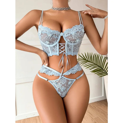 Sexy Beaded 3D Flower Hollow Out See-through Lace Up Underwear Set