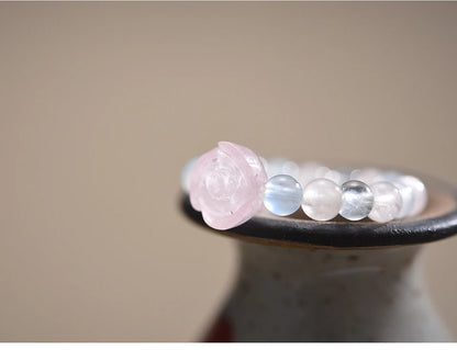 Lotus Fun Natural Stone Aquamarine Crystal Round Beads Rose Flower Extendable Rings for Women High Quality Wedding Fine Jewelry
