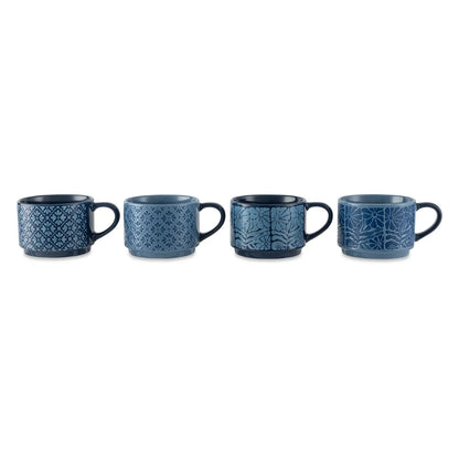 4 Pack Stackable Mugs Floral Geometric Patterns Stoneware Dishwasher Microwave Safe Coffee Tea Drinkware Space Saving Kitchen