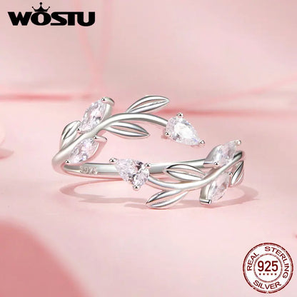 WOSTU 925 Sterling Silver Leaves Open Ring With Zircon For Women's Dating Daily Parties Fine Jewelry Gifts Dainty Trendy Jewelry
