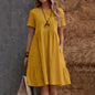 Evening Dresses Outfits Women Fashion Solid Vintage Cotton And Linen Loose Pocket Round Neck Short Sleeve