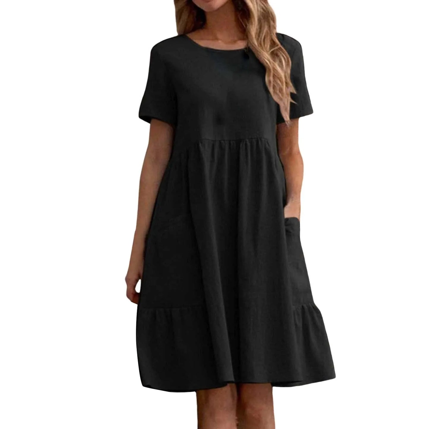 Evening Dresses Outfits Women Fashion Solid Vintage Cotton And Linen Loose Pocket Round Neck Short Sleeve