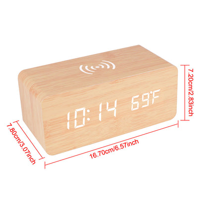 Wooden Desk Digital Clock Phone Chargers LED Display Temperature Wooden Digital Alarm Clock Wireless Charger Desk Table Clocks