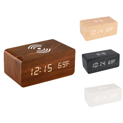 Wooden Desk Digital Clock Phone Chargers LED Display Temperature Wooden Digital Alarm Clock Wireless Charger Desk Table Clocks