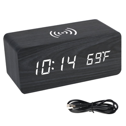 Wooden Desk Digital Clock Phone Chargers LED Display Temperature Wooden Digital Alarm Clock Wireless Charger Desk Table Clocks